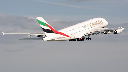 An Emirates’ A380 in flight- The daily A380 service to Frankfurt will start on 1st September.